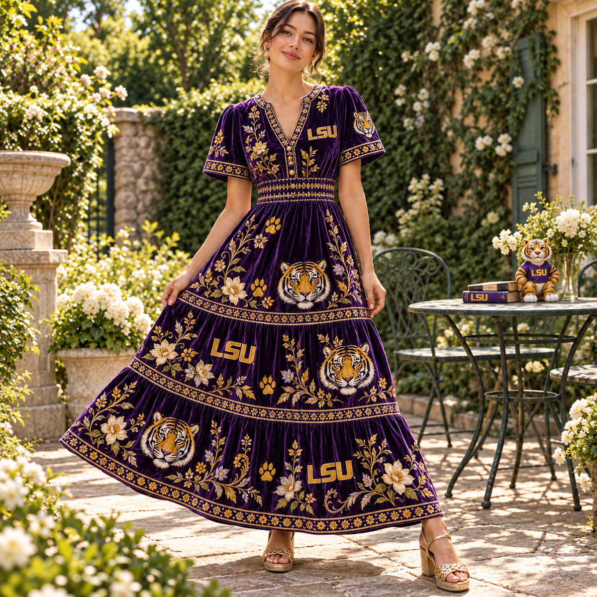 LSU Premium Embroidered Velvet Maxi Dress PTKL