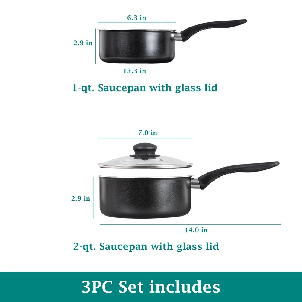 3 Piece Non-Stick Sauce Pans Set Includes 1Qt 2Qt Pots with Lid Easy Clean Dishwasher Safe Lightweight Heat Resistant Kitchen